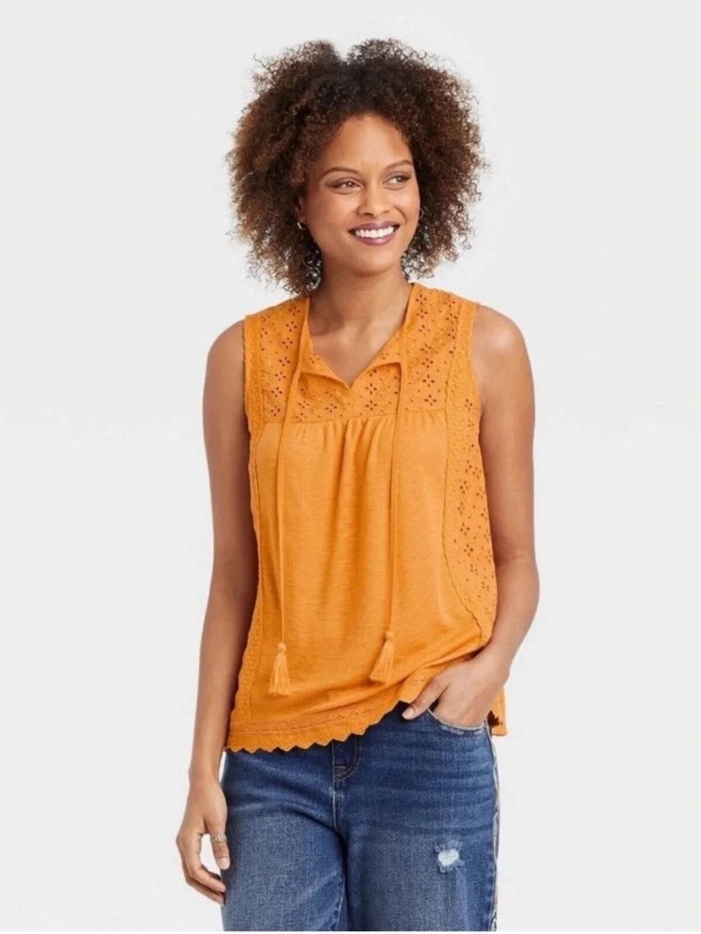 Knox Rose Mustard Eyelet Lace Ribbed Tank Size L NWT